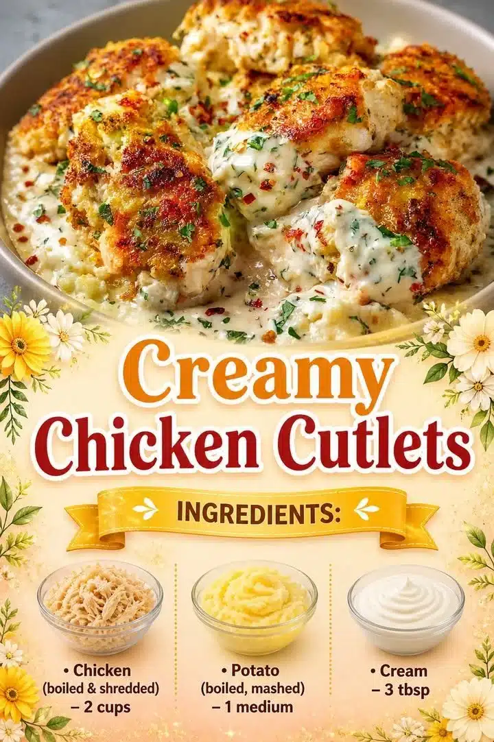 Creamy Chicken Cutlets 1 Creamy chicken cutlets served with a side of vegetables