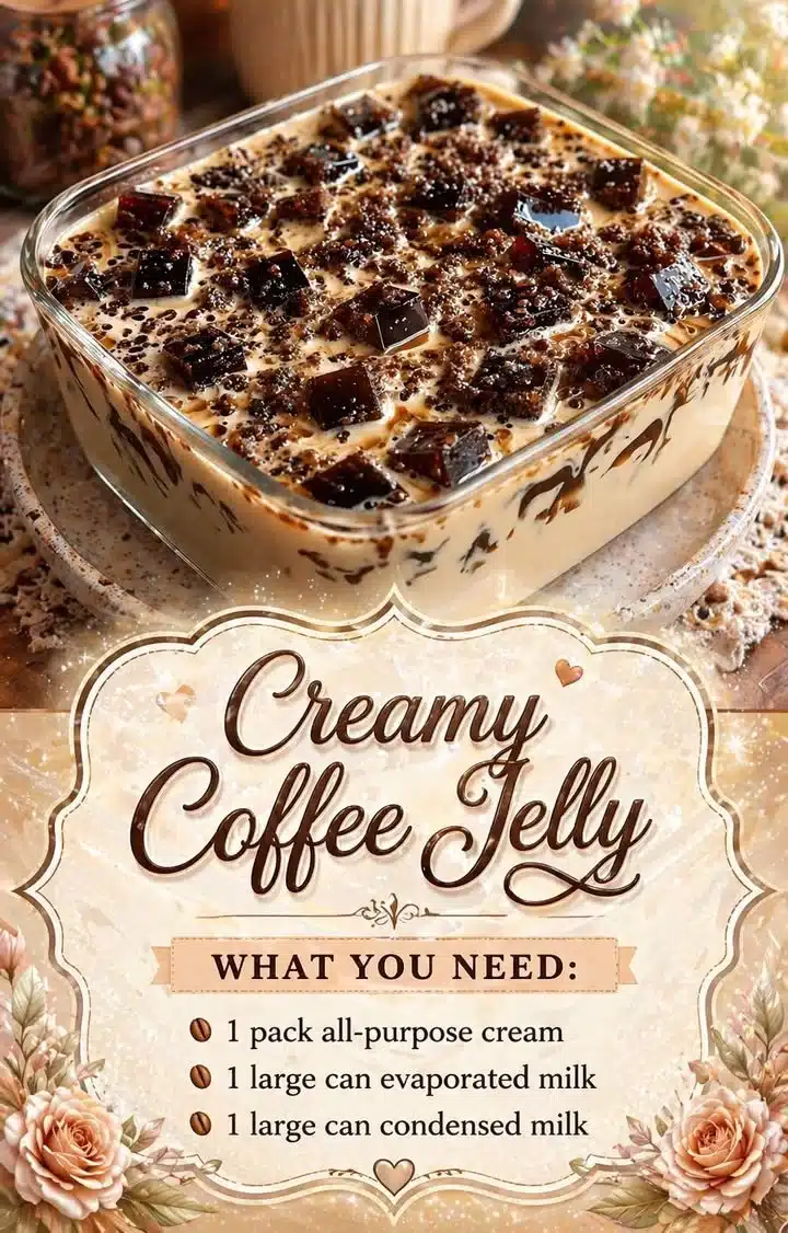 Creamy coffee jelly dessert in a glass, topped with whipped cream and coffee beans.