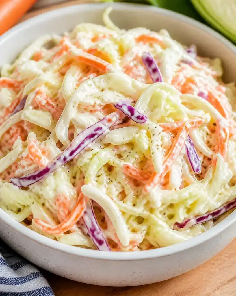 Creamy coleslaw served in a bowl with fresh cabbage and dressing