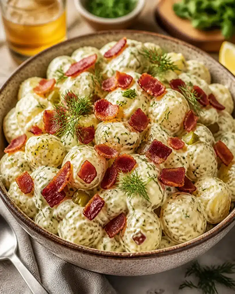 Creamy dill pickle potato salad with fresh herbs and vibrant colors.