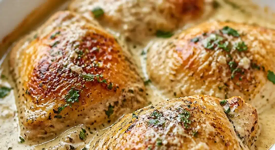 Creamy garlic herb oven-baked chicken thighs on a platter