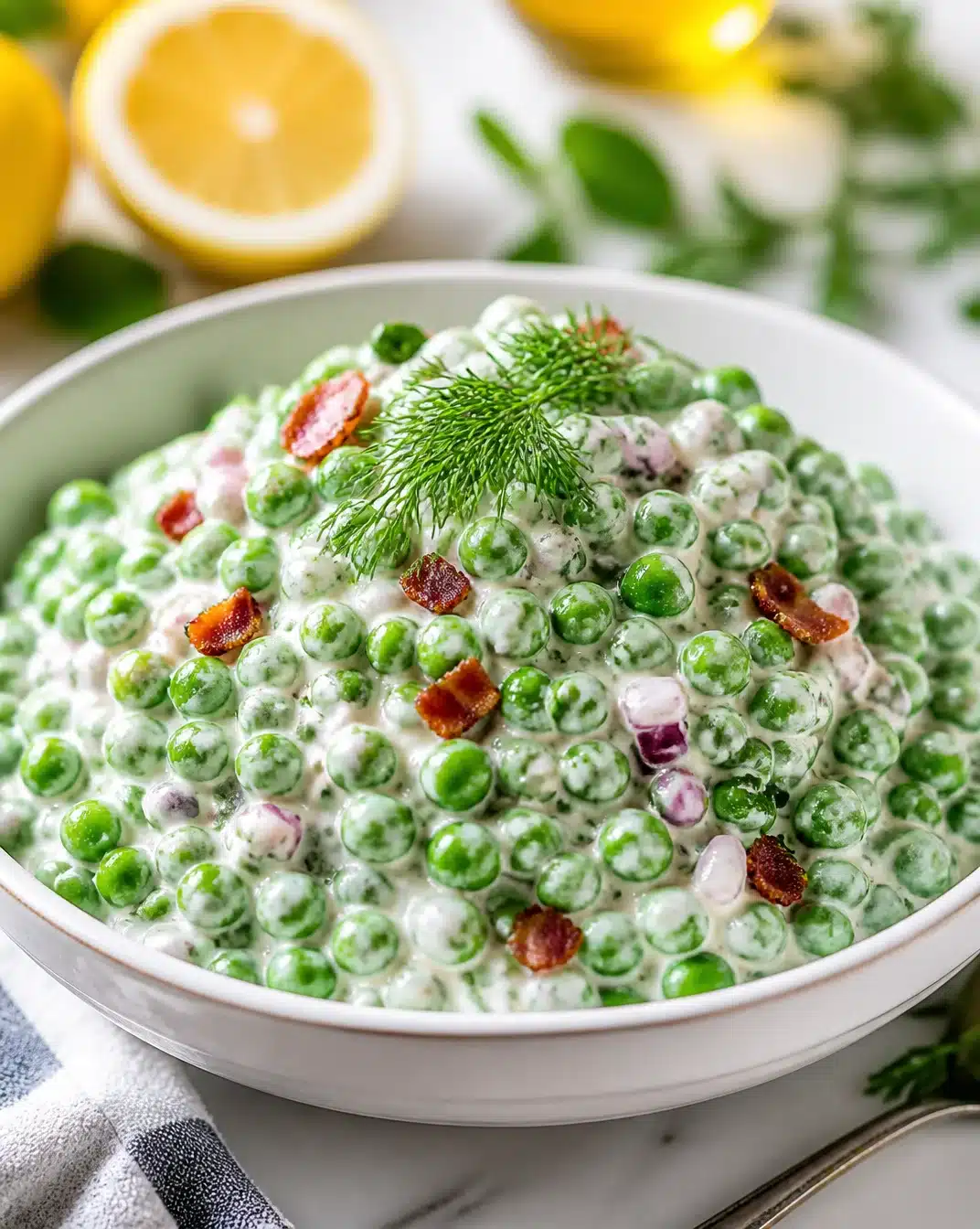 Creamy Greek Yogurt and English Pea Salad in a bowl