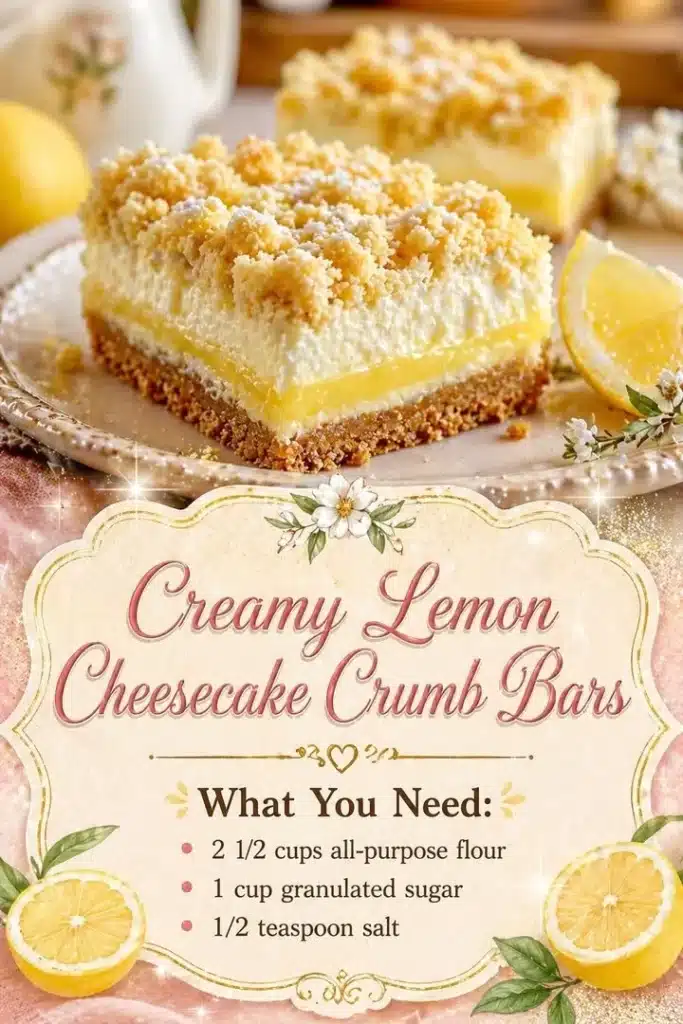 Creamy lemon cheesecake crumb bars with a delicious crumb topping