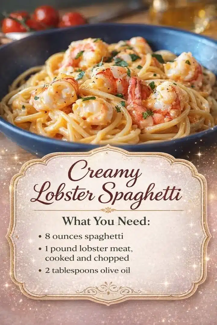 Creamy lobster spaghetti served in a bowl with fresh herbs and garnishes