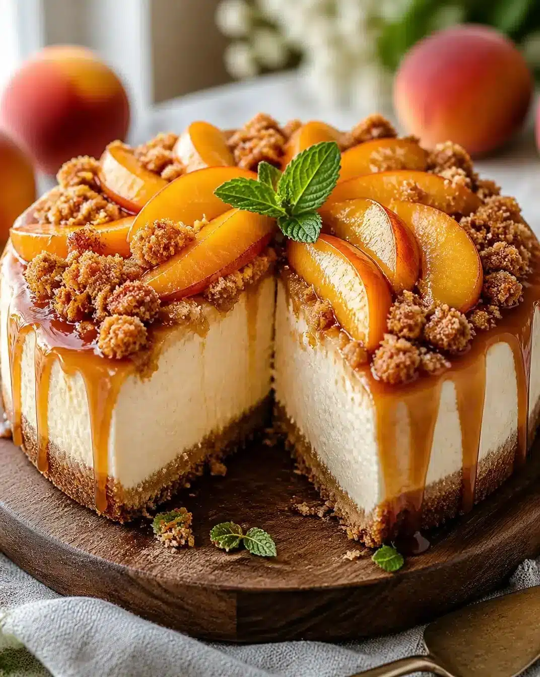 Creamy peach cobbler cheesecake topped with fresh peaches and whipped cream.