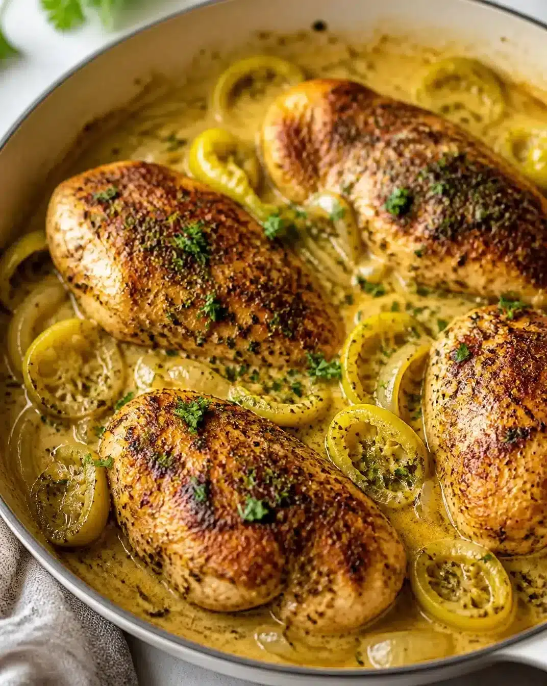 Creamy Pepperoncini Chicken Skillet served with rice and vegetables