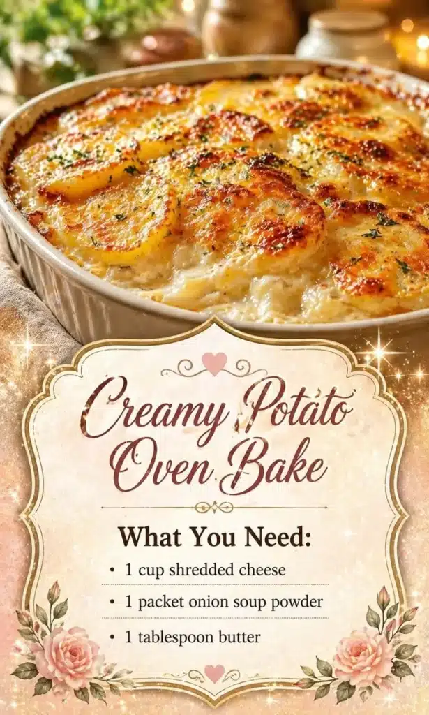 Creamy potato oven bake dish with melted cheese and herbs