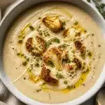 Creamy roasted cauliflower bisque served in a bowl with a garnish