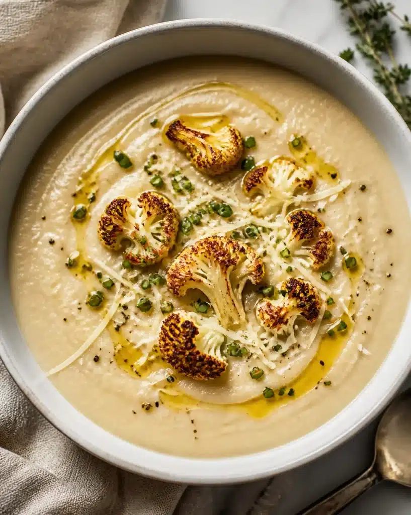 Creamy roasted cauliflower bisque served in a bowl with a garnish