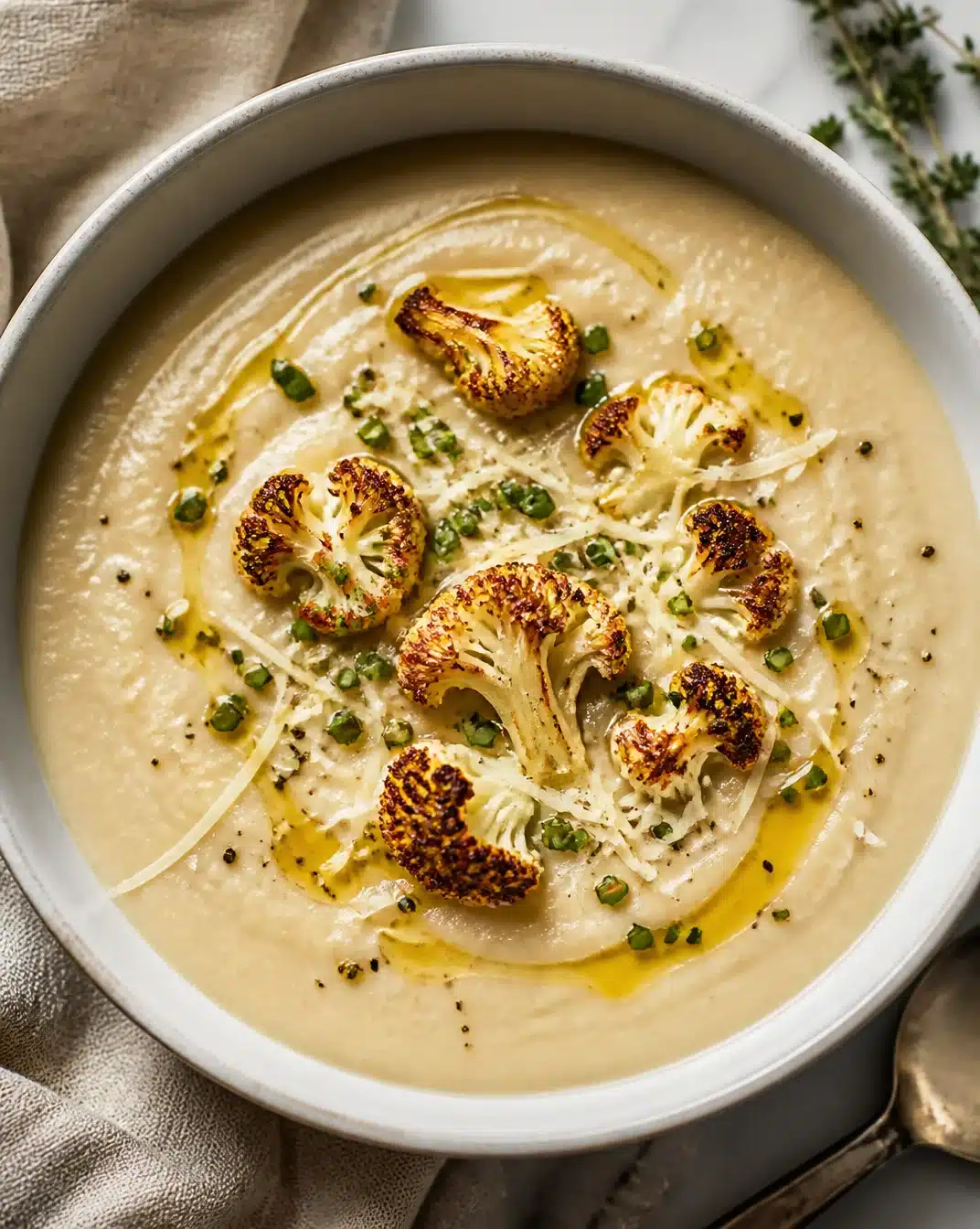 Creamy roasted cauliflower bisque served in a bowl with a garnish