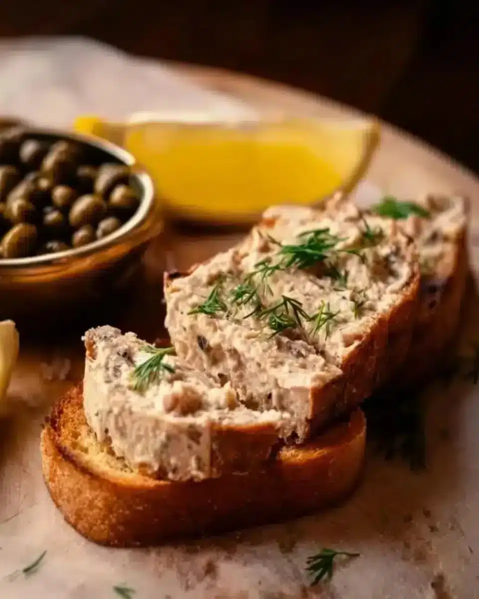 Delicious creamy sardine pâté served on crusty bread with herbs