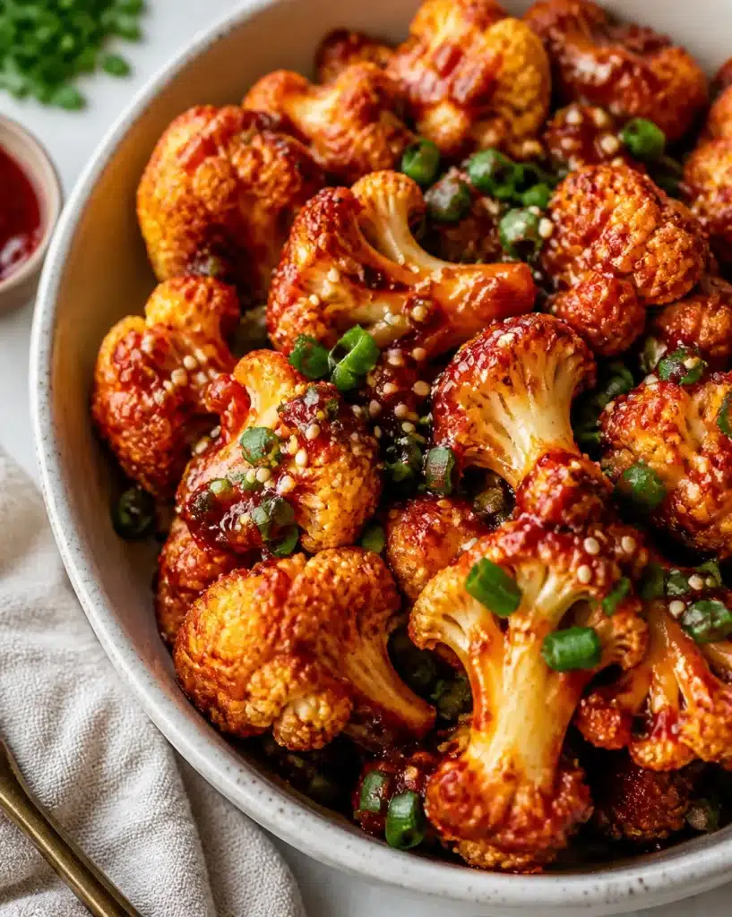 Crispy air-fried Korean chili cauliflower garnished with sesame seeds and green onions