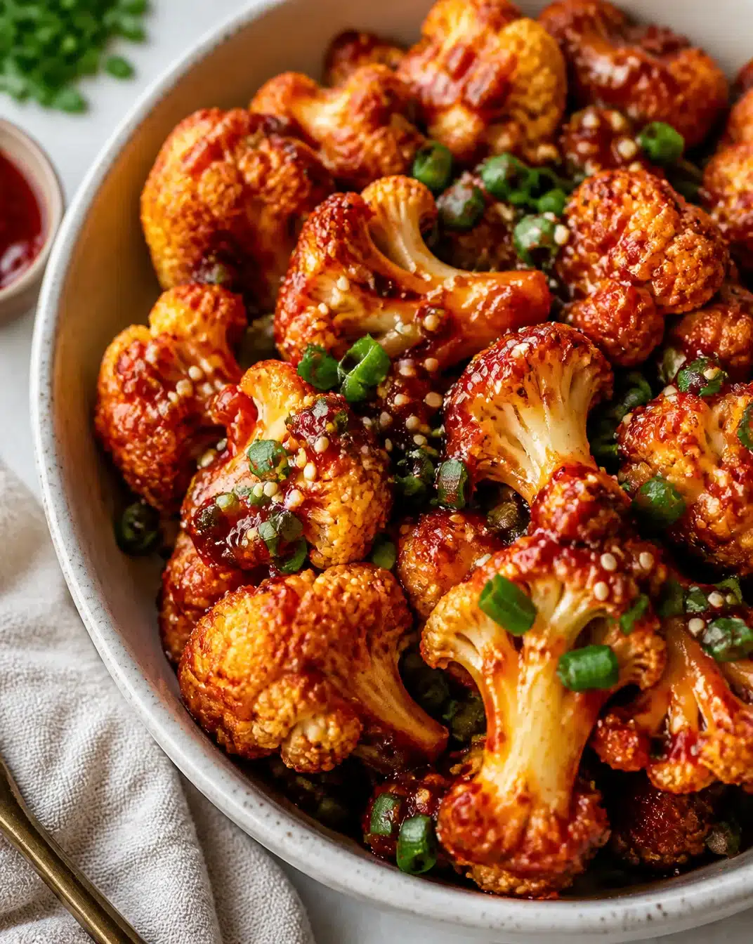 Crispy air-fried Korean chili cauliflower garnished with sesame seeds and green onions