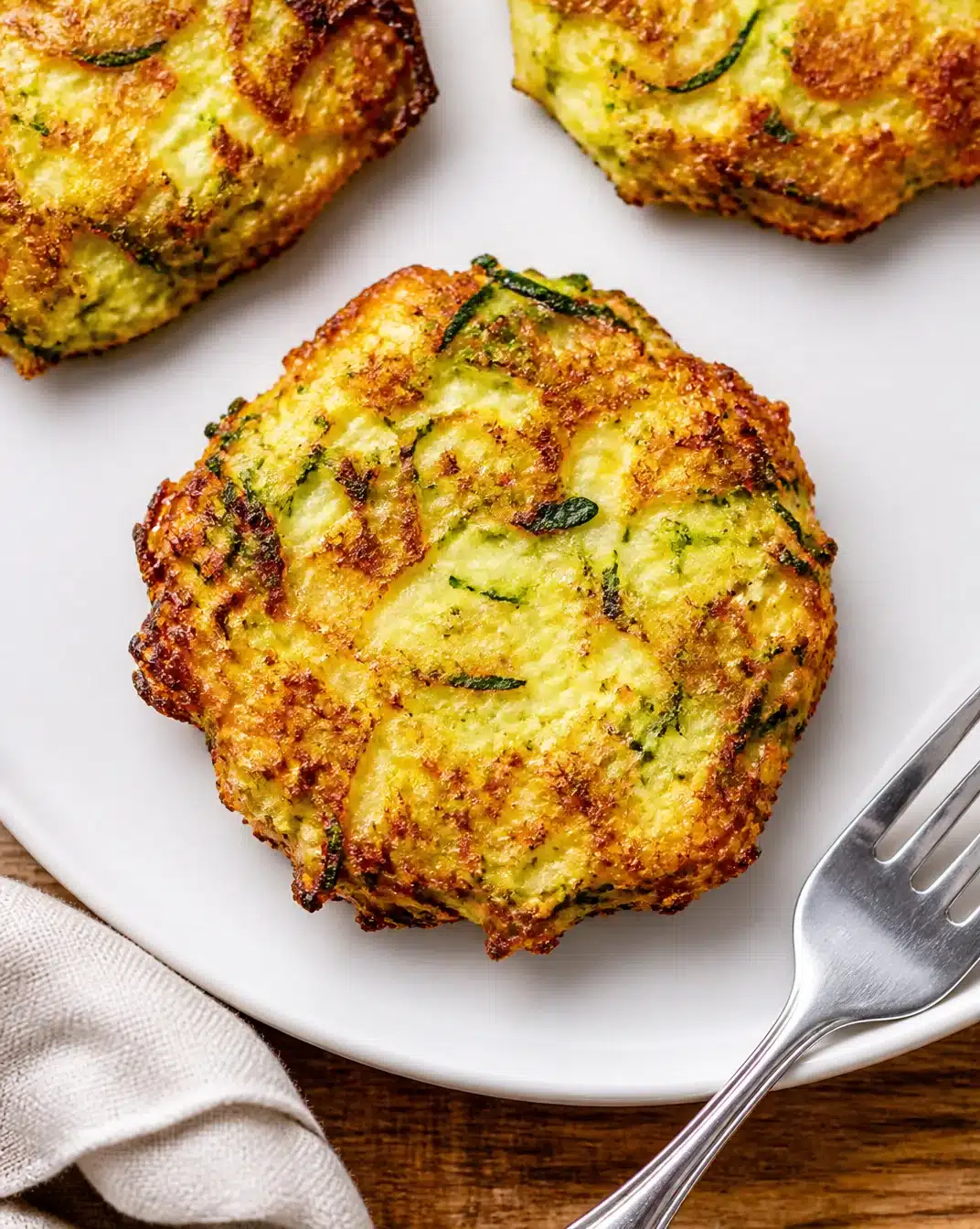 Crispy air fryer zucchini fritters served on a plate with dipping sauce