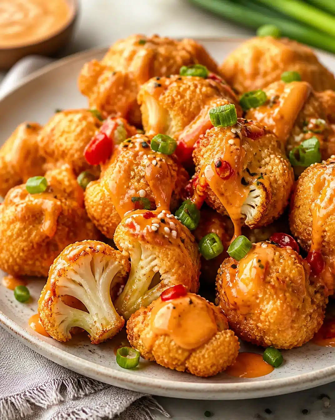 Crispy Bang Bang Cauliflower Bites served on a plate with dipping sauce