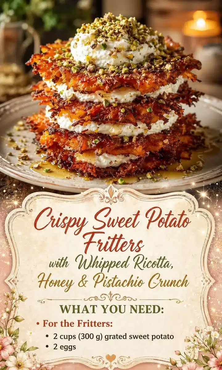 Crispy Sweet Potato Fritters with Whipped Ricotta, Honey & Pistachio Crunch 1 Crispy sweet potato fritters topped with whipped ricotta, honey, and pistachio crunch