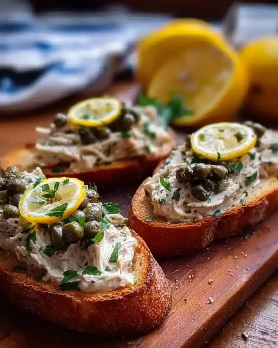 Crostini with Lemon-Caper Sardine Pate 1 Crostini topped with lemon-caper sardine pate garnished with herbs
