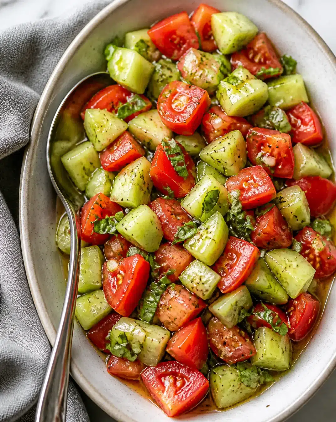 Delicious cucumber and tomato salad with herbs and dressing