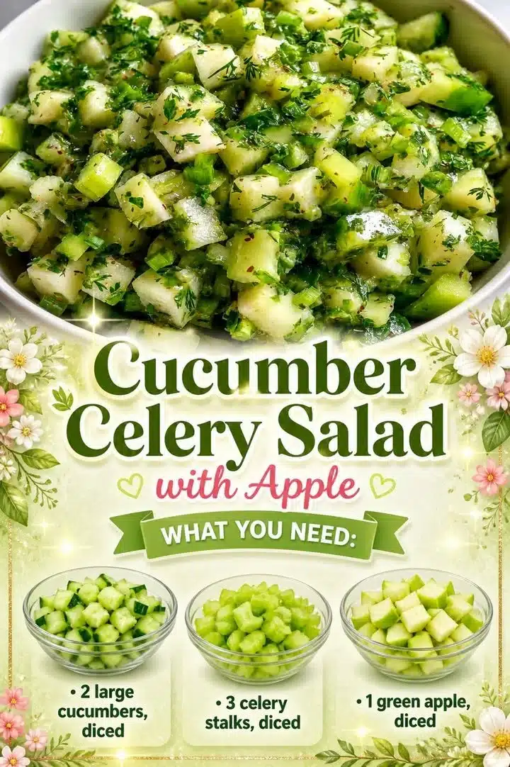 Cucumber Celery Salad with Apple served in a bowl, garnished with herbs.