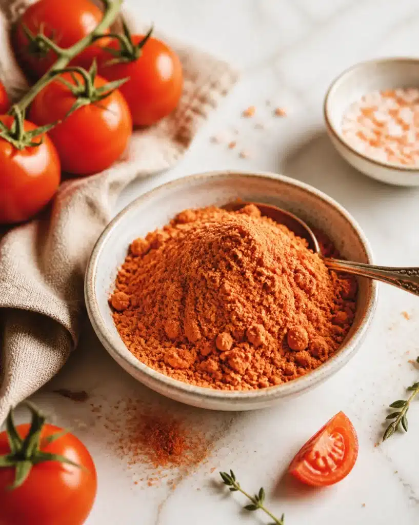 Homemade tomato powder in a jar, perfect for flavoring dishes.