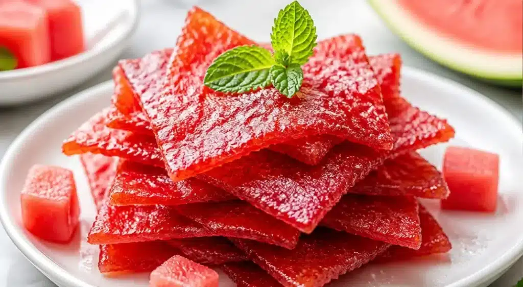 Homemade watermelon jerky on a plate, a healthy summer snack.