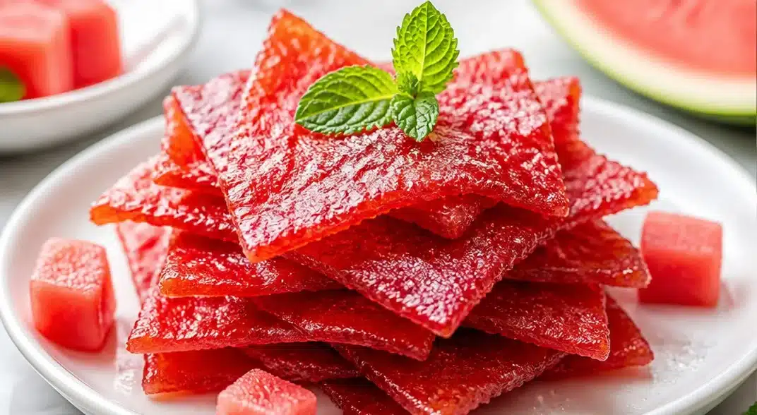 Homemade watermelon jerky on a plate, a healthy summer snack.