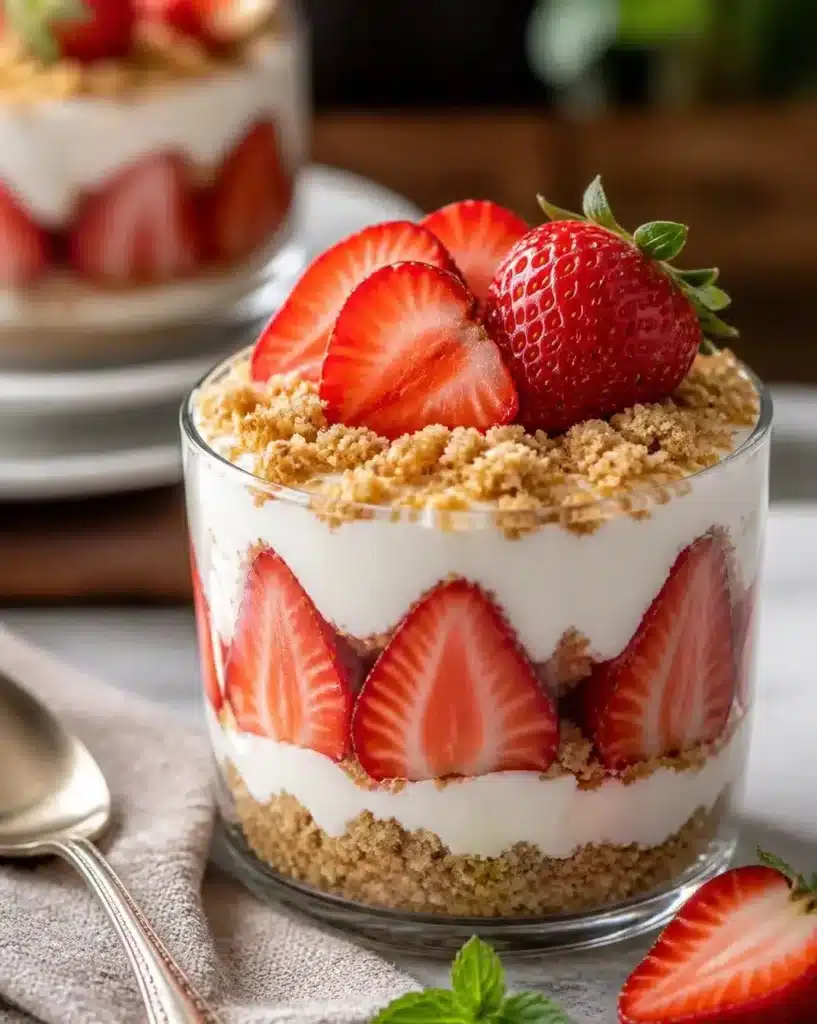Delicious dreamy strawberry dessert topped with fresh berries and whipped cream