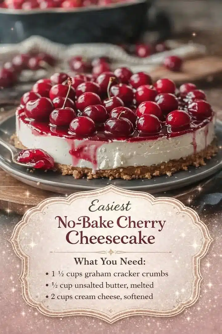 Easiest no-bake cherry cheesecake topped with fresh cherries