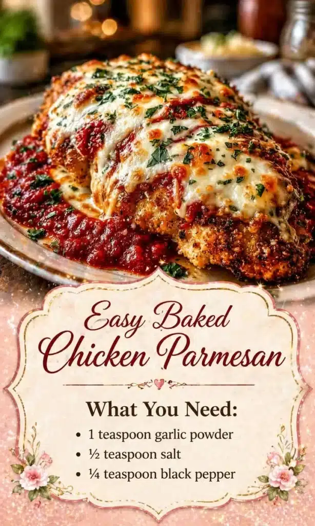 Delicious easy baked chicken parmesan on a plate with marinara sauce and cheese.