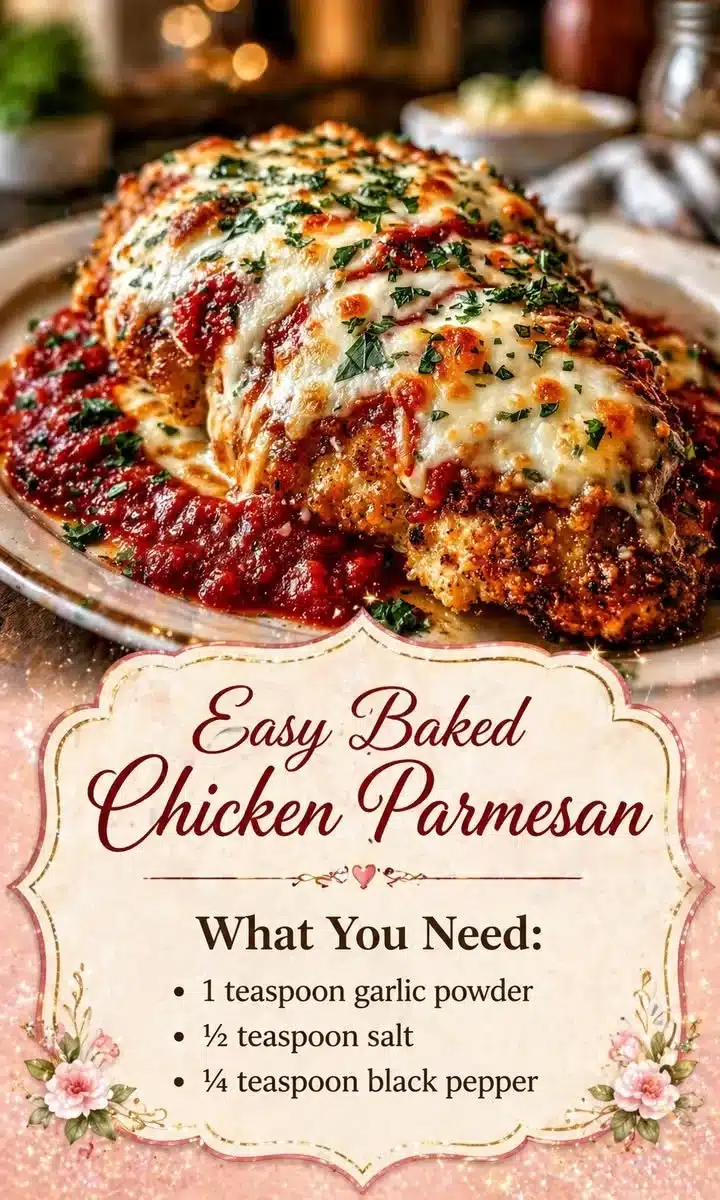 Delicious easy baked chicken parmesan on a plate with marinara sauce and cheese.