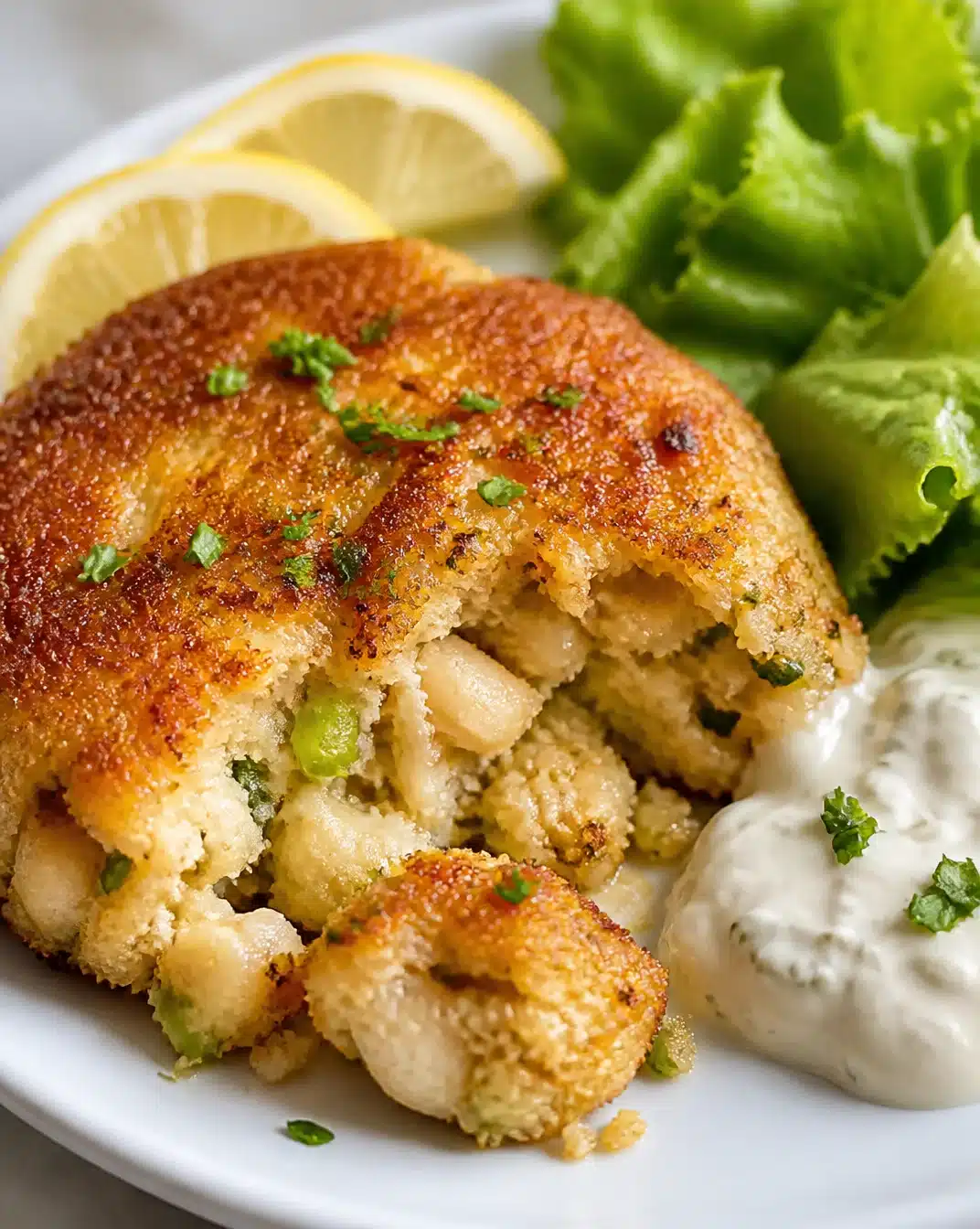 Delicious easy crab cakes served on a plate with garnishes.