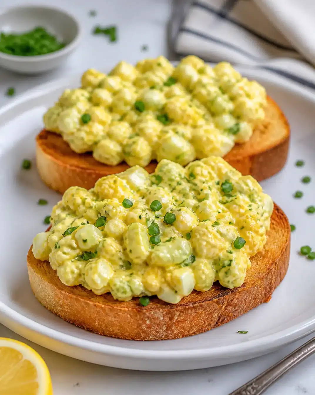 Bowl of easy egg salad with chopped herbs and spices on a wooden table