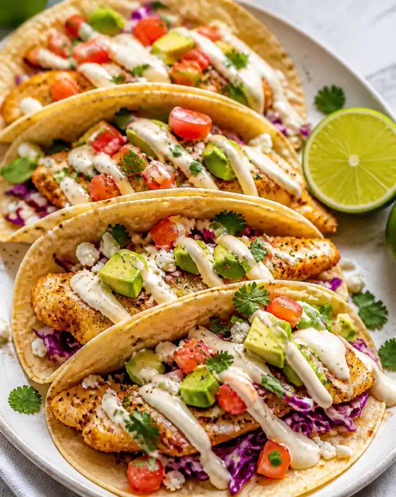 Delicious easy fish tacos garnished with fresh ingredients on a plate