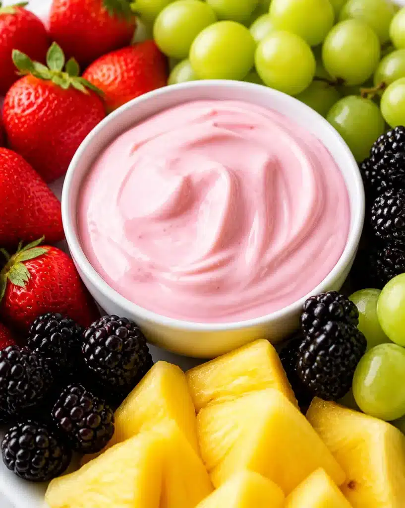 A bowl of easy fruit dip with fresh fruits around it.