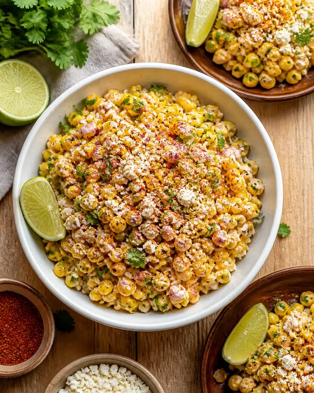Elote-style corn salad with cheese, cilantro, and spices in a bowl.