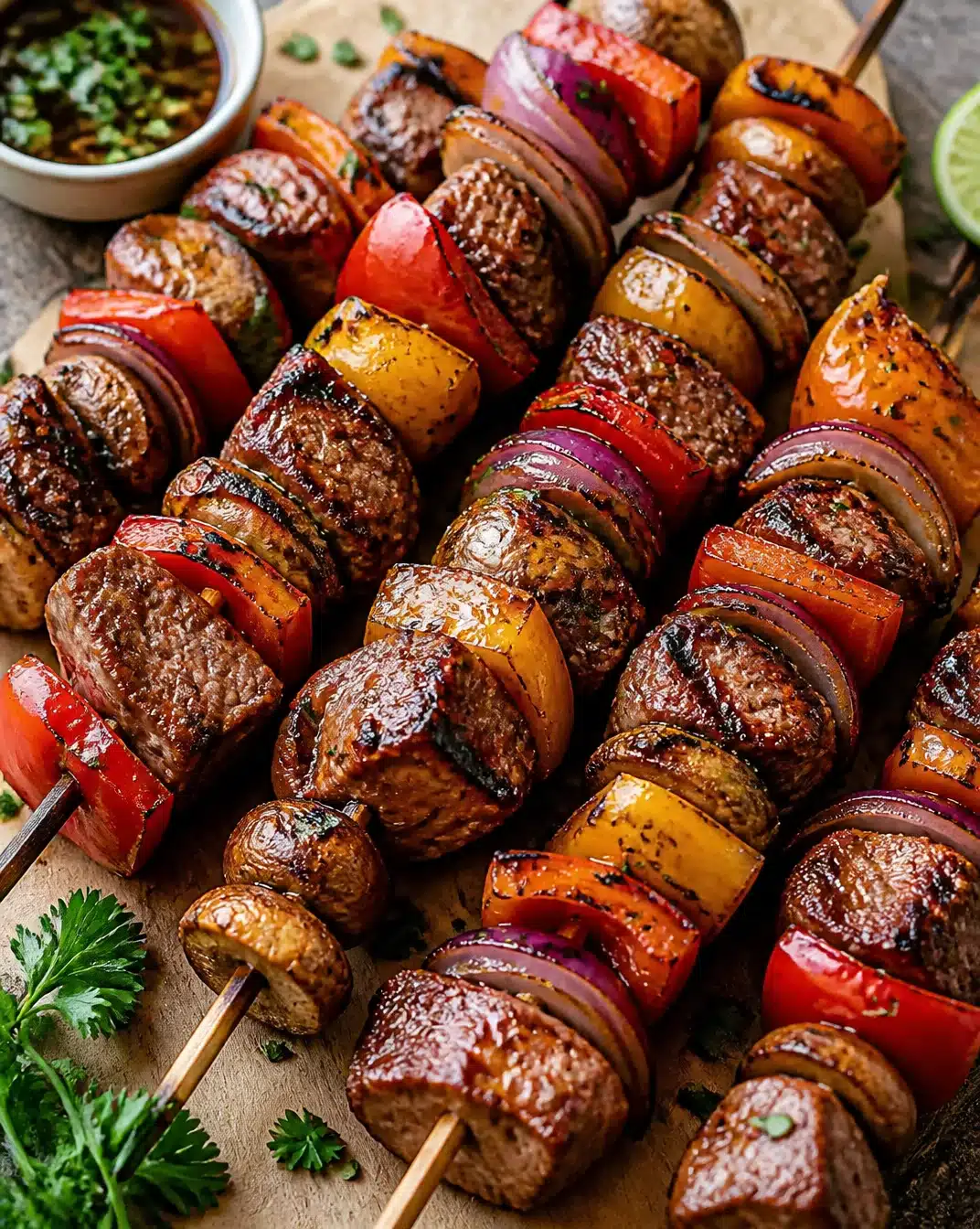 Grilled steak kebabs with colorful vegetables on skewers
