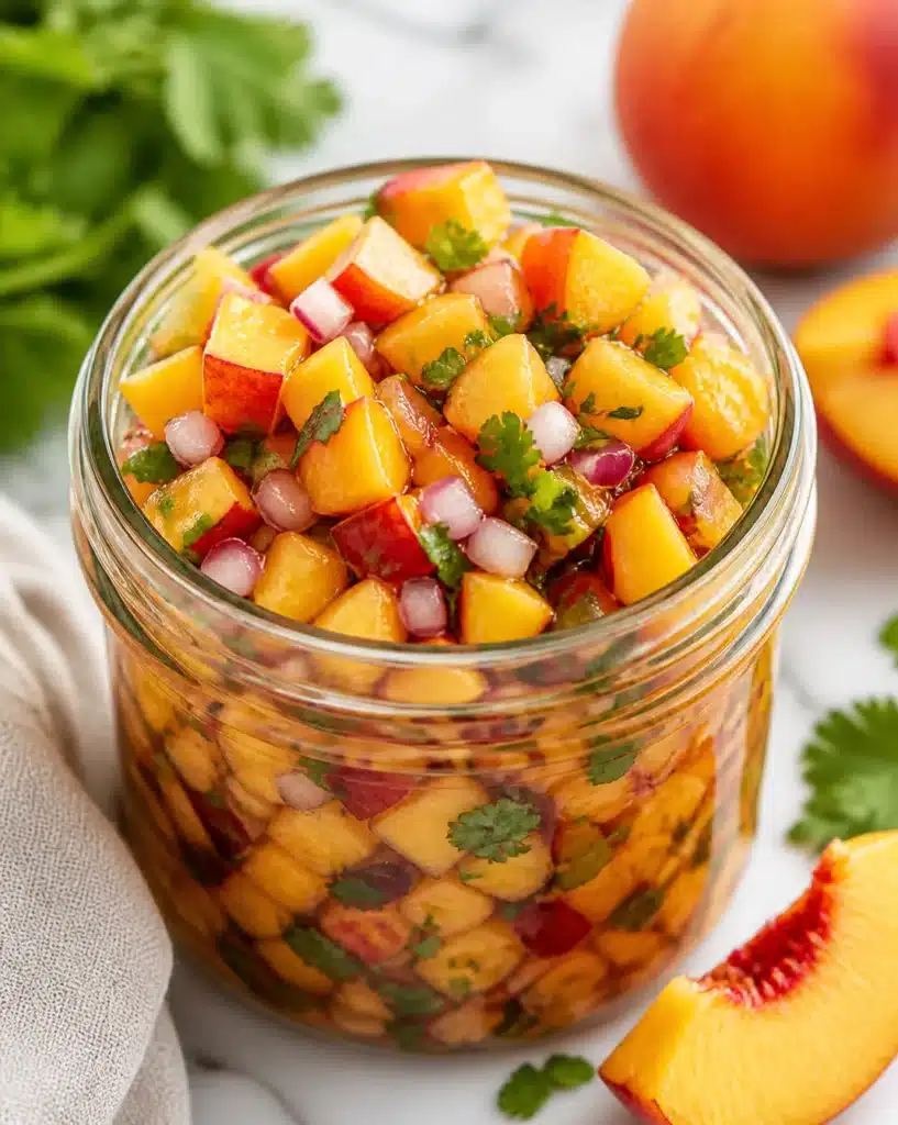 Fresh peach salsa served with tortilla chips in a bowl