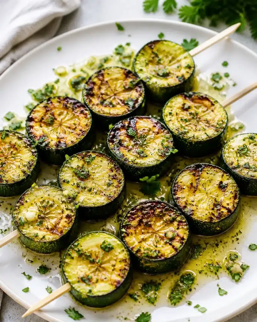 Garlic Butter Grilled Zucchini Skewers on a grill
