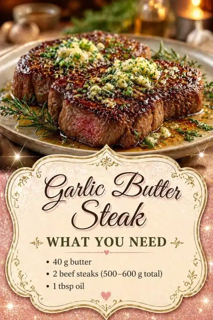 Delicious Garlic Butter Steak served on a plate with herbs and garlic sauce.