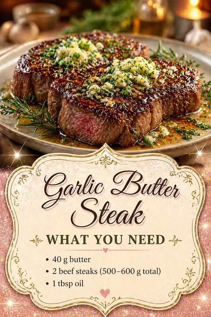 Garlic Butter Steak 1 Delicious Garlic Butter Steak served on a plate with herbs and garlic sauce.