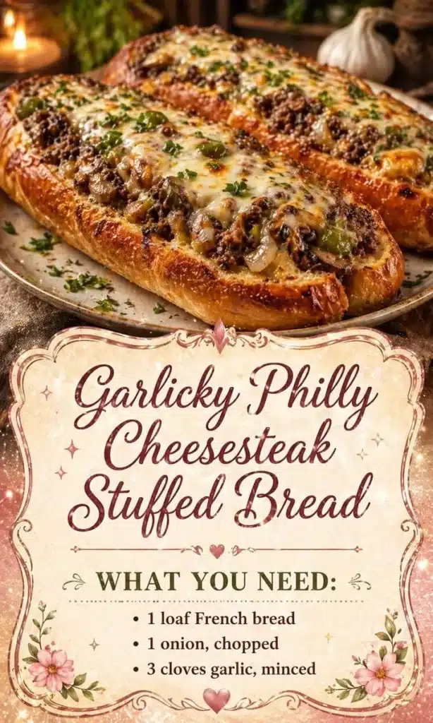Garlicky Philly cheesesteak stuffed bread ready to serve.