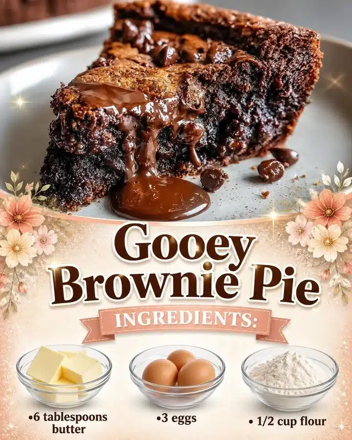 Gooey brownie pie with a rich chocolate filling and a flaky crust
