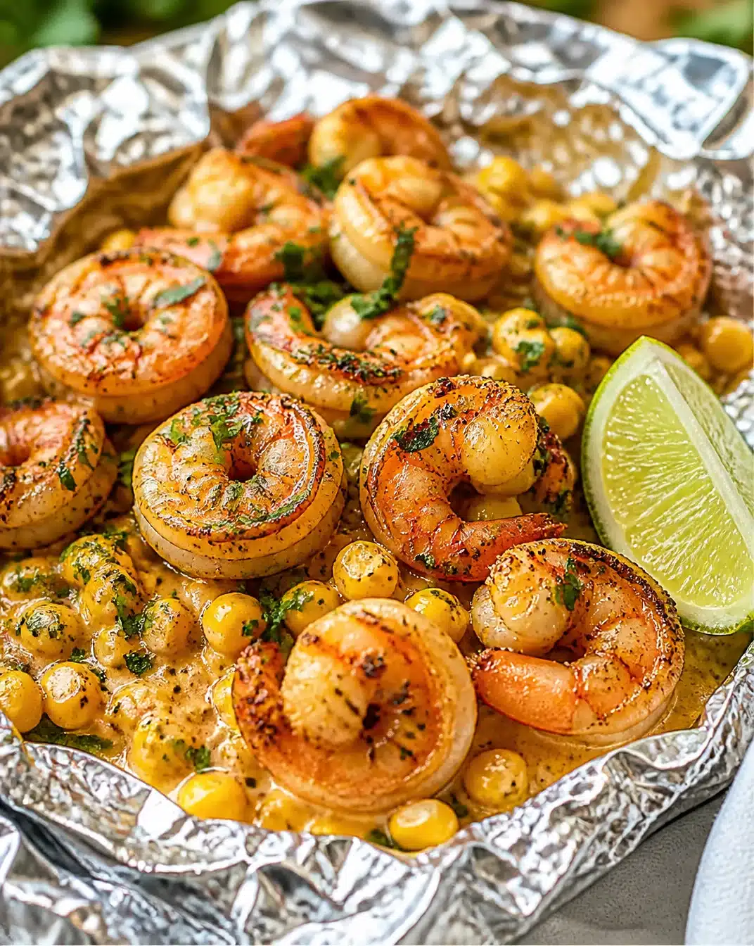 Griddle Street Corn and Shrimp Foil Packets 1 Griddle corn shrimp foil packets ready for grilling on a BBQ
