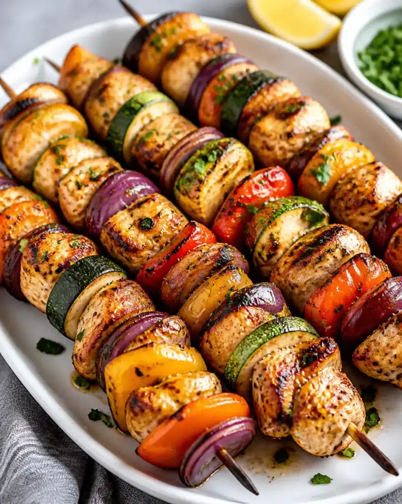 Grilled chicken kebabs on skewers with colorful vegetables