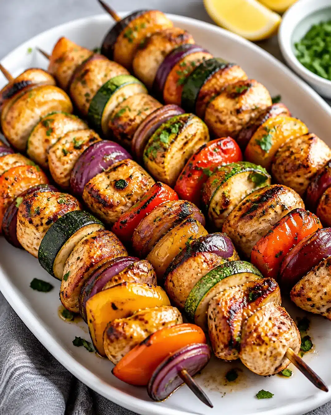 Grilled chicken kebabs on skewers with colorful vegetables