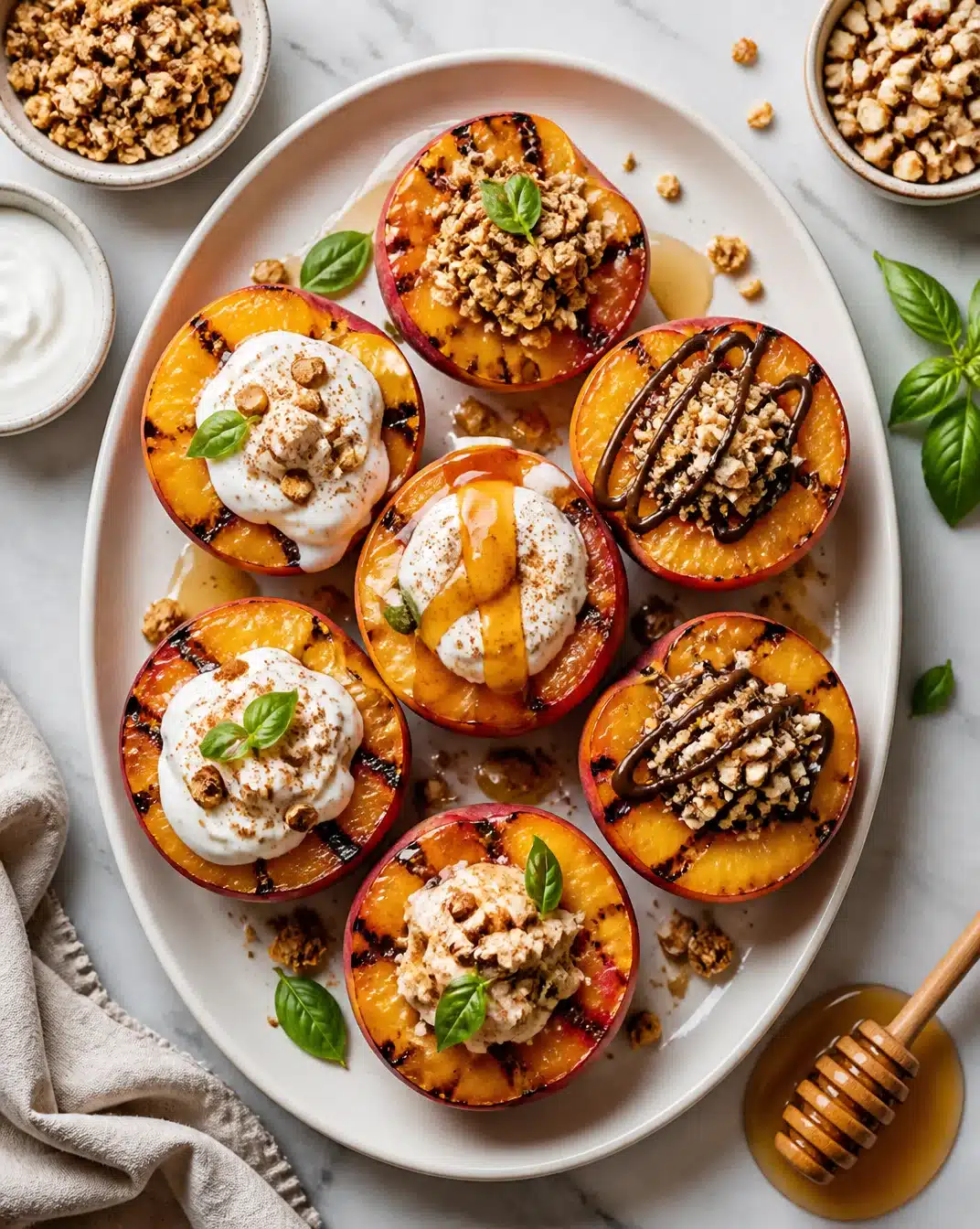 Delicious grilled peaches on a platter, garnished with mint leaves.