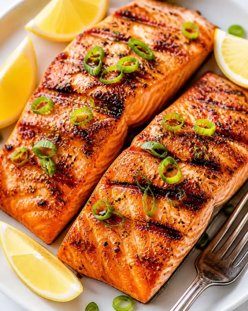 Delicious grilled salmon served with lemon and herbs on a plate