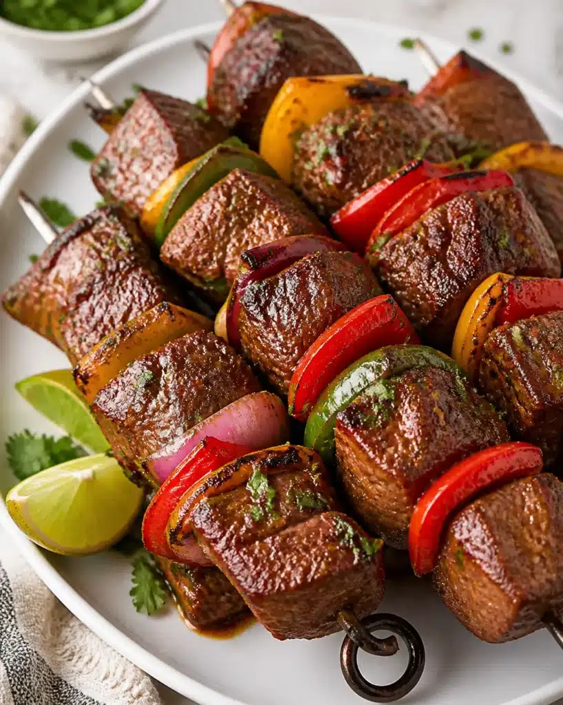 Delicious grilled steak fajita skewers with bell peppers and onions