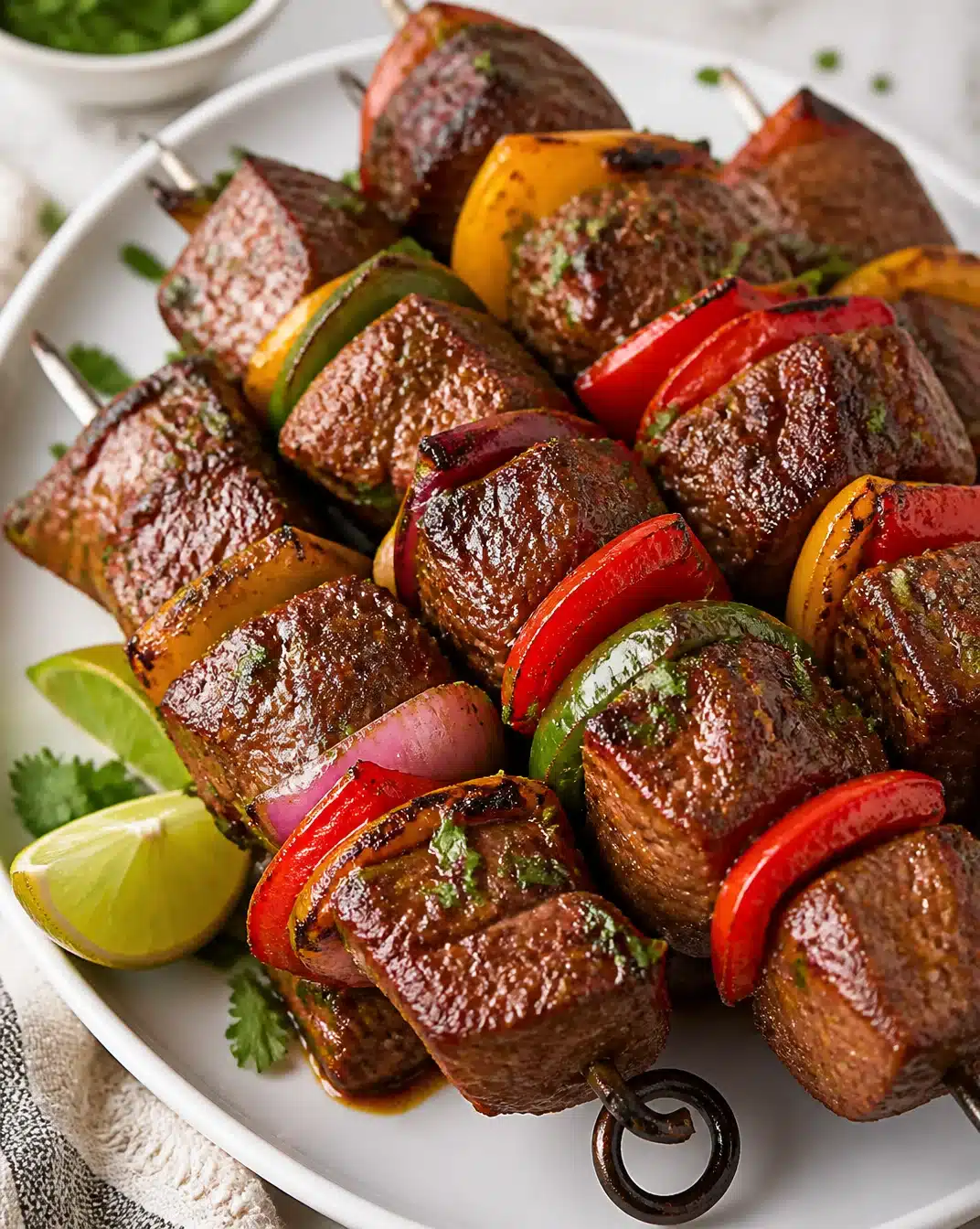 Delicious grilled steak fajita skewers with bell peppers and onions