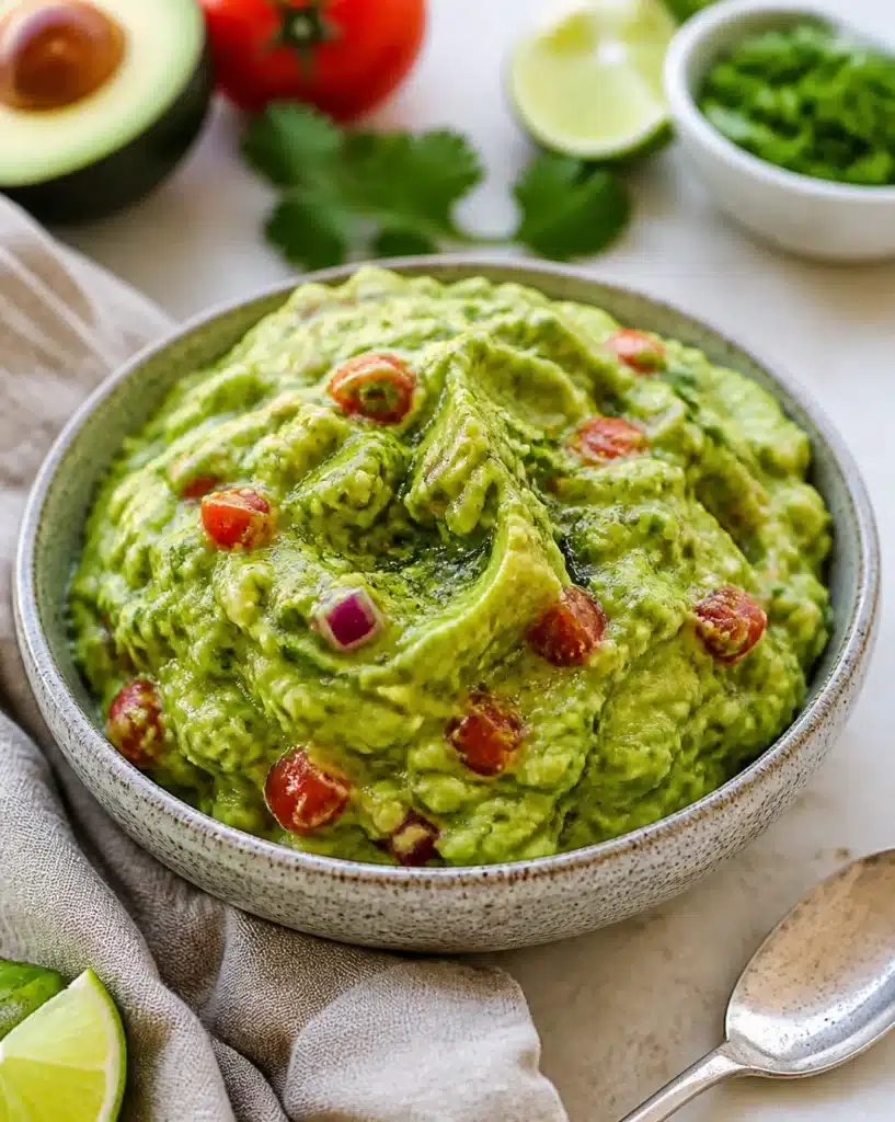 Freshly made guacamole served with tortilla chips and garnished with cilantro